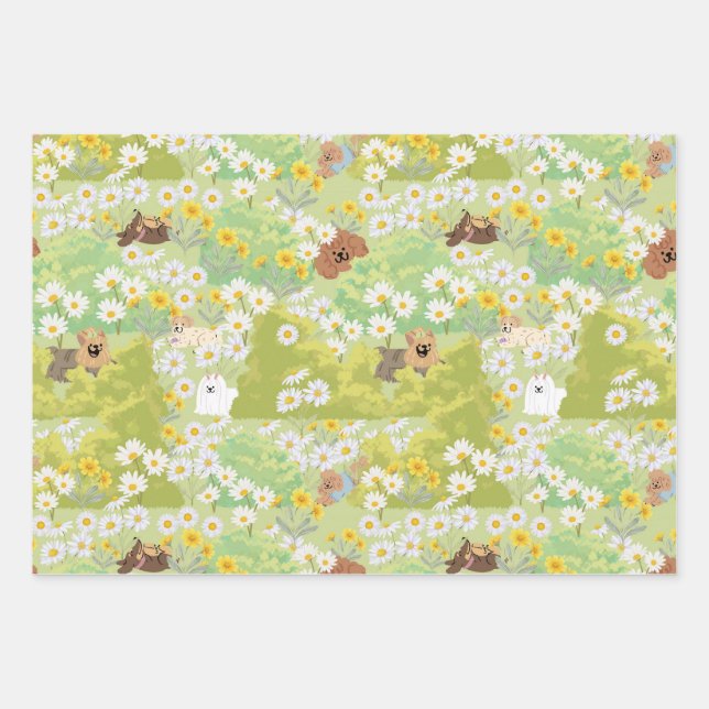 Cute Dogs With Daisy Flowers Seamless Pattern Geschenkpapier Set (Vorderseite)