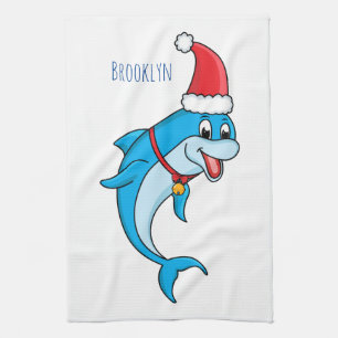 Cute dolphin with Santa hat cartoon Geschirrtuch