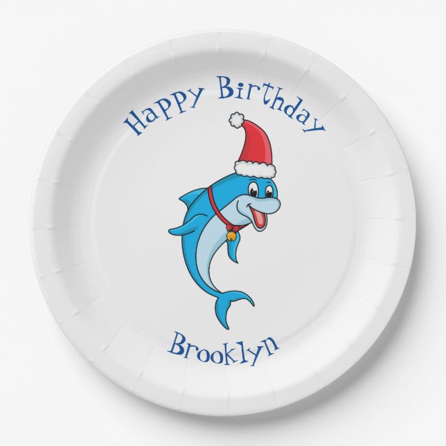 Cute dolphin with Santa hat cartoon Pappteller (Vorderseite)