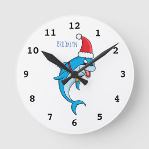 Cute dolphin with Santa hat cartoon Runde Wanduhr