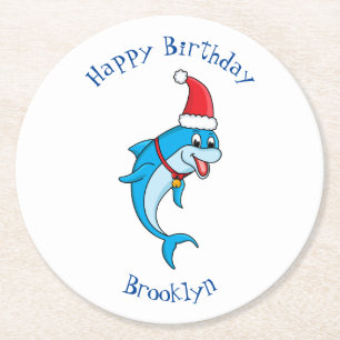 Cute dolphin with Santa hat cartoon Runder Pappuntersetzer
