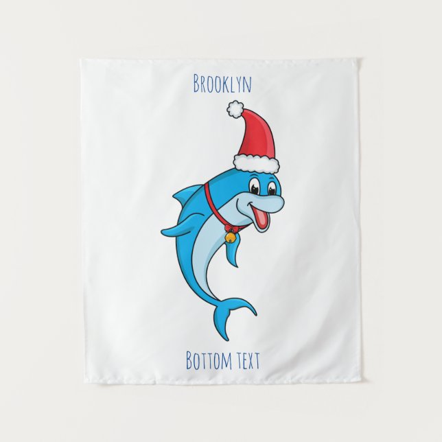 Cute dolphin with Santa hat cartoon Wandteppich (Vorderseite)