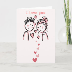 Cute Doodle Couple I Love You Card - Pink Hearts S Karte
