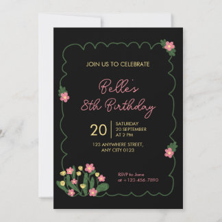 Cute Doodle Flower Frame Kids Birthday Invitation