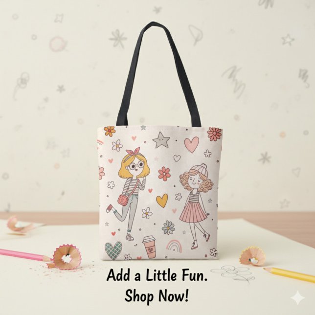 Cute Doodle Girls Full-Print Tote Bag Tasche (Cute Doodle Girls Full-Print Tote Bag)