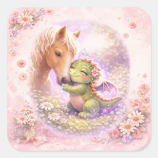 Cute Dragon & Horse Friendship Greeting Card Quadratischer Aufkleber