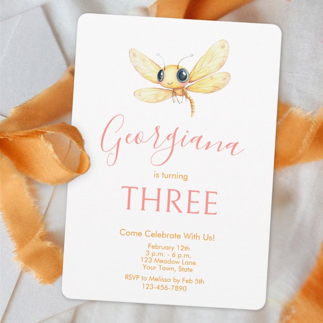 Cute Dragonfly Orange Pink Girl Birthday Einladung (Von Creator hochgeladen)