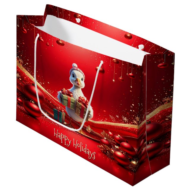Cute Duck Christmas Holiday Gift Bag Große Geschenktüte (Vorderseite Schrägansicht)