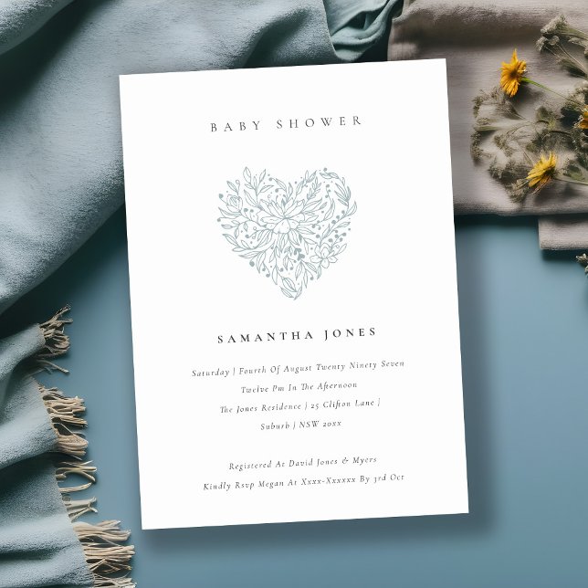 Cute Dusky Blue Floral Baby shower Invitation (Créateur téléchargé)