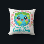 Cute Earth Day Throw Pillow Kissen<br><div class="desc">Add a cheerful eco-friendly touch to your home with this cute Earth Day throw pillow featuring a happy kawaii Earth with big smiling eyes, a green leaf crown, and pink flowers, along with the uplifting message “Every Day is Earth Day.” This bright and playful cushion is perfect for sofas, beds,...</div>