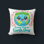 Cute Earth Day Throw Pillow Kissen<br><div class="desc">Add a cheerful eco-friendly touch to your home with this cute Earth Day throw pillow featuring a happy kawaii Earth with big smiling eyes, a green leaf crown, and pink flowers, along with the uplifting message “Every Day is Earth Day.” This bright and playful cushion is perfect for sofas, beds,...</div>