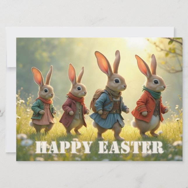 Cute Easter Bunnies Walking in Spring Meadow (Vorderseite)