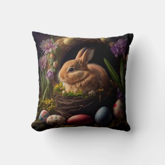 Cute Easter Bunny in nest and eggs around