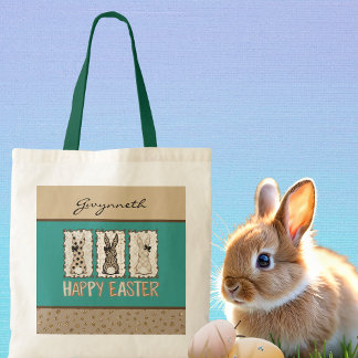 Cute Easter Bunny n Animal Print Brown Bows Teal Tragetasche