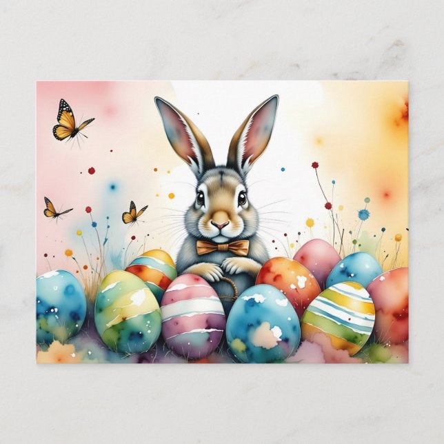 Cute Easter Bunny with Colorful Painted Eggs Postkarte (Vorderseite)