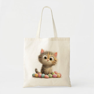 Cute Easter Cat Tote Bag with Pastel Eggs