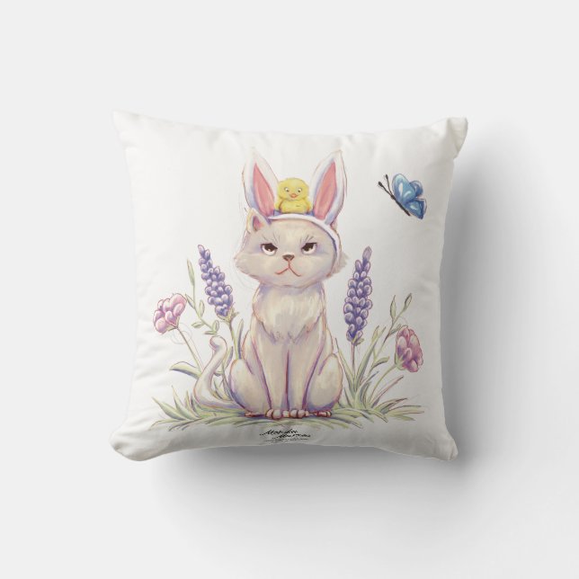 Cute Easter Cat with Chick Illustration pillow Kissen (Vorderseite)