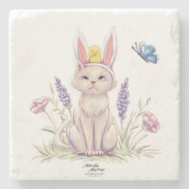 Cute Easter Cat with Chick Illustration Steinuntersetzer