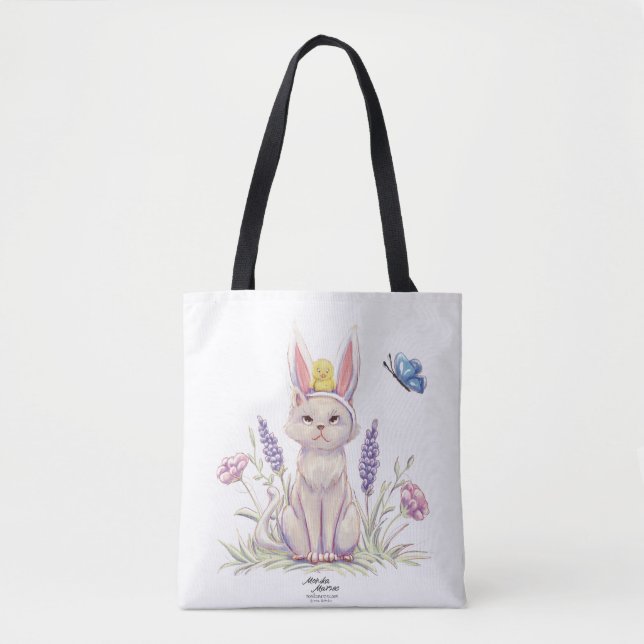 Cute Easter Cat with Chick Illustration Tote Bag Tasche (Vorderseite)