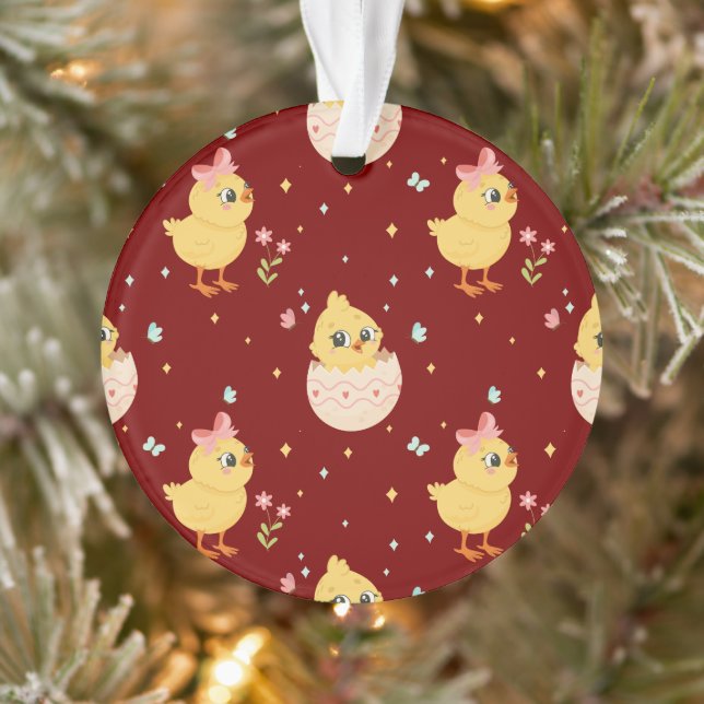 Cute Easter Chick with Pink Bow Seamless Pattern  Ornament (Baum)