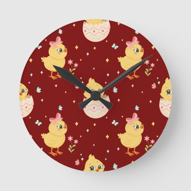 Cute Easter Chick with Pink Bow Seamless Pattern  Runde Wanduhr (Vorderseite)