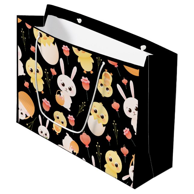 Cute Easter Chicks & Bunnies Seamless Pattern  Große Geschenktüte (Vorderseite Schrägansicht)