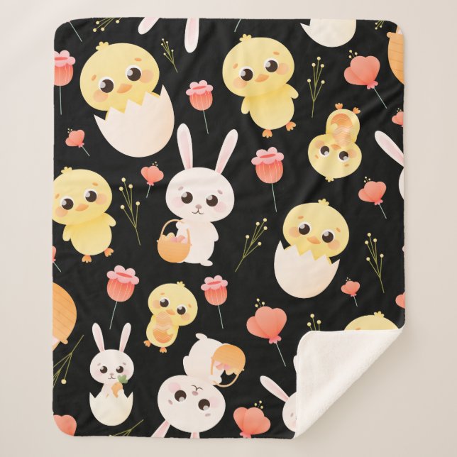 Cute Easter Chicks & Bunnies Seamless Pattern  Sherpadecke (Vorderseite)