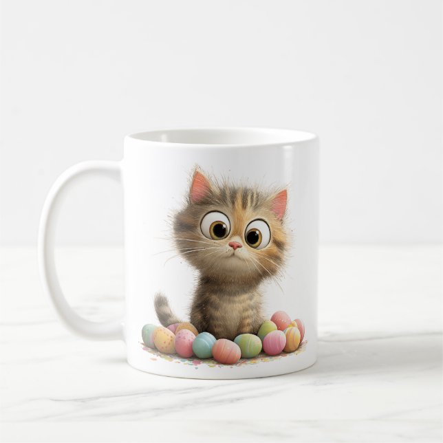 Cute Easter Kitten Mug with Pastel Eggs (Gauche)