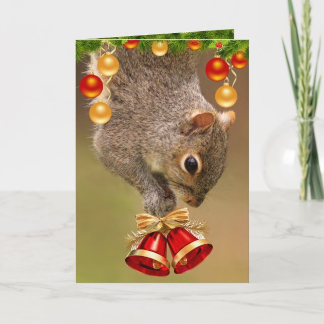 Cute Écureuil Et Cloches Carte De Vacances Noël (Devant)