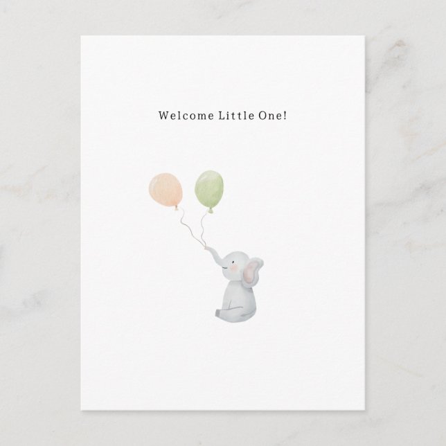 Cute Elephant And Balloons Welcome New Baby Card. Postkarte (Vorderseite)