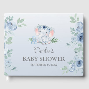 Cute Elephant Blue Floral Baby Shower Guest Book Gästebuch