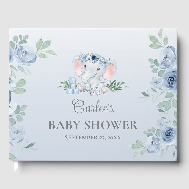 Cute Elephant Blue Floral Baby Shower Guest Book Gästebuch (Vorderseite)