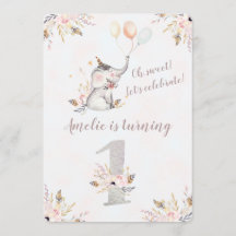 Cute Elephant Boho Floral Premier Invitation d'ann
