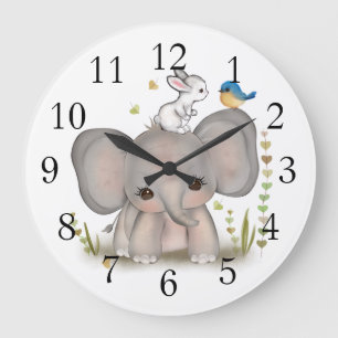 Cute Elephant Bunny Nursery Wall Clock Große Wanduhr