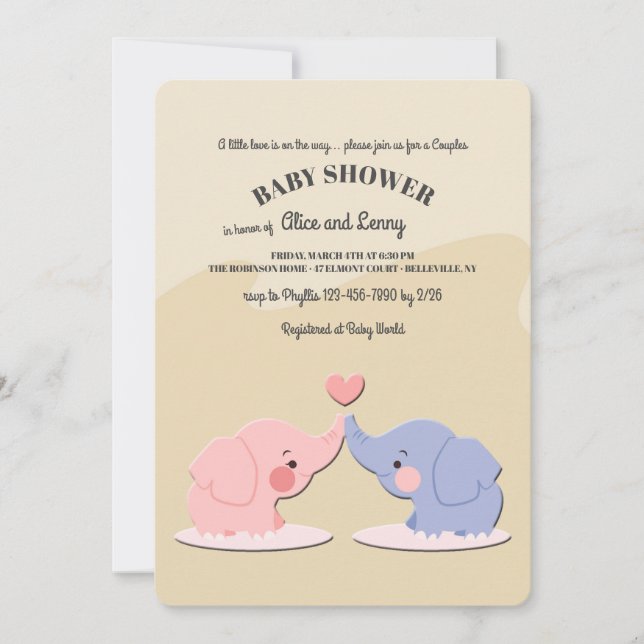 Cute Elephant Couple Baby shower Invitation (Devant)