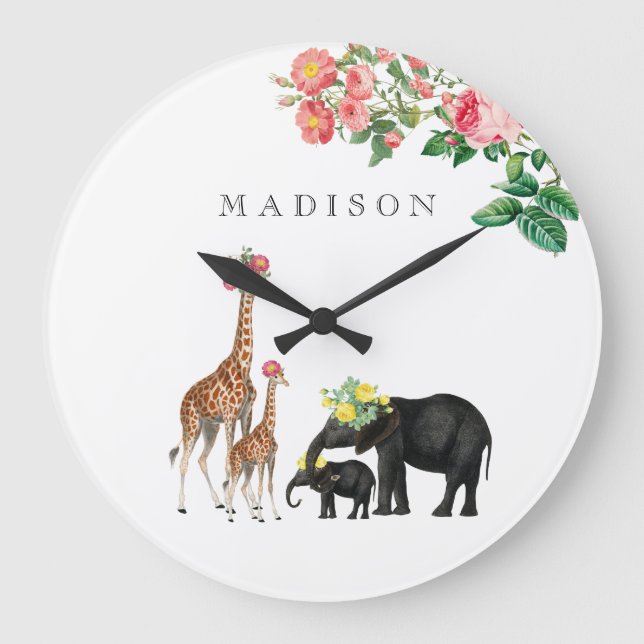Cute Elephant & Giraffe Floral Custom Baby Name  Große Wanduhr (Vorderseite)