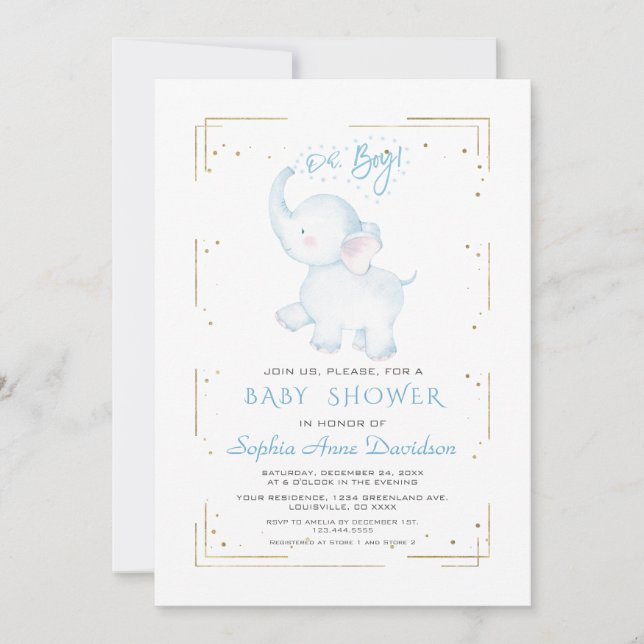 Cute Elephant Gold Glitter Boy Baby Shower Einladung (Vorderseite)