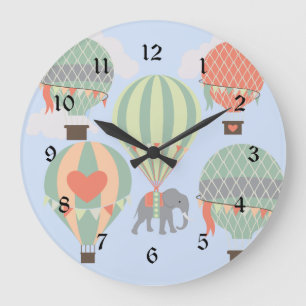 Cute Elephant Riding Hot Air Balloons Rising Große Wanduhr