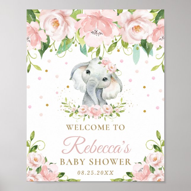 Cute Elephant rose Baby shower Floral Affiche de b (Devant)