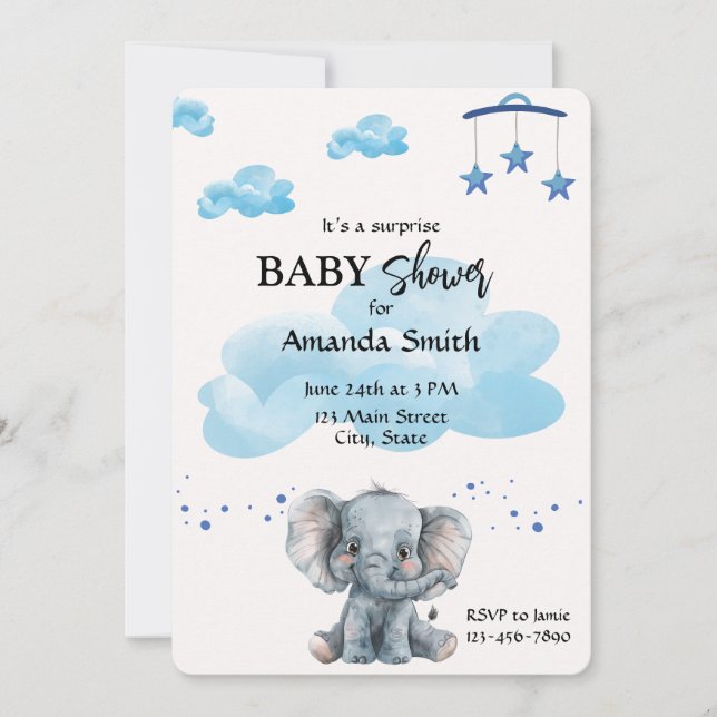 Cute Elephant Surprise Baby shower Blue Invitation (Devant)