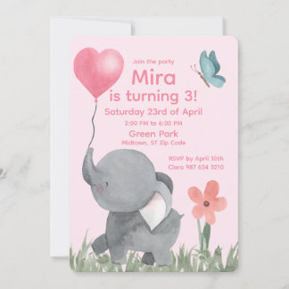 Cute Elephant with Ballon Birthday Party Einladung
