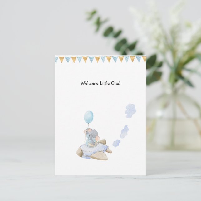 Cute Elephant With Balloon In Airplane New Baby Postkarte (Stehend Vorderseite)