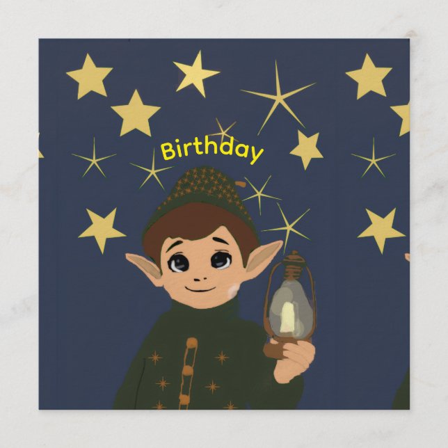 Cute Elf Watcher Starry Night Kids Birthday Party  Einladung (Vorderseite)