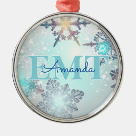 Cute EMT Ice Blue Snowflake Personalized Name Ornament Aus Metall