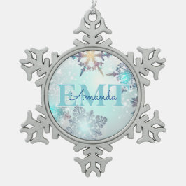 Cute EMT Ice Blue Snowflake Personalized Name Schneeflocken Zinn-Ornament