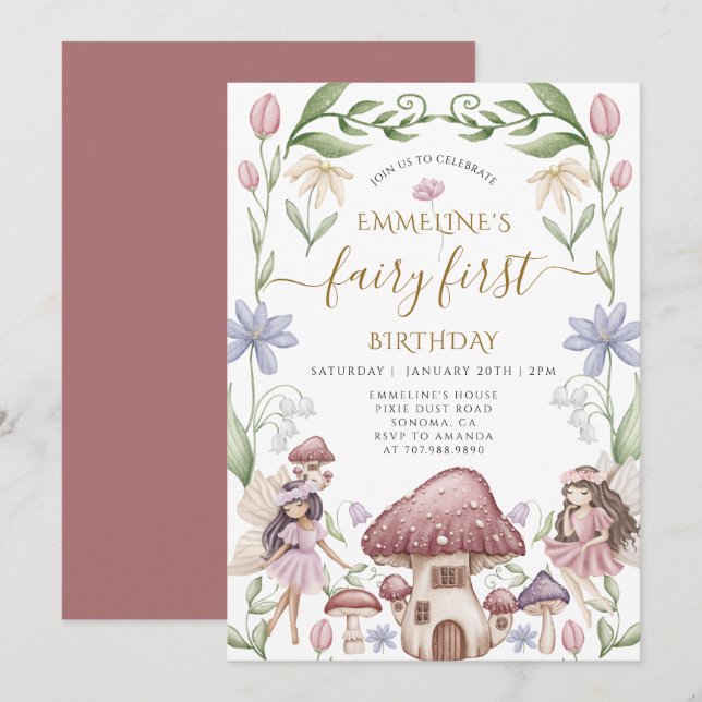 Cute Enchanted Fairy Girl 1st Birthday Party Einladung (Vorne/Hinten)