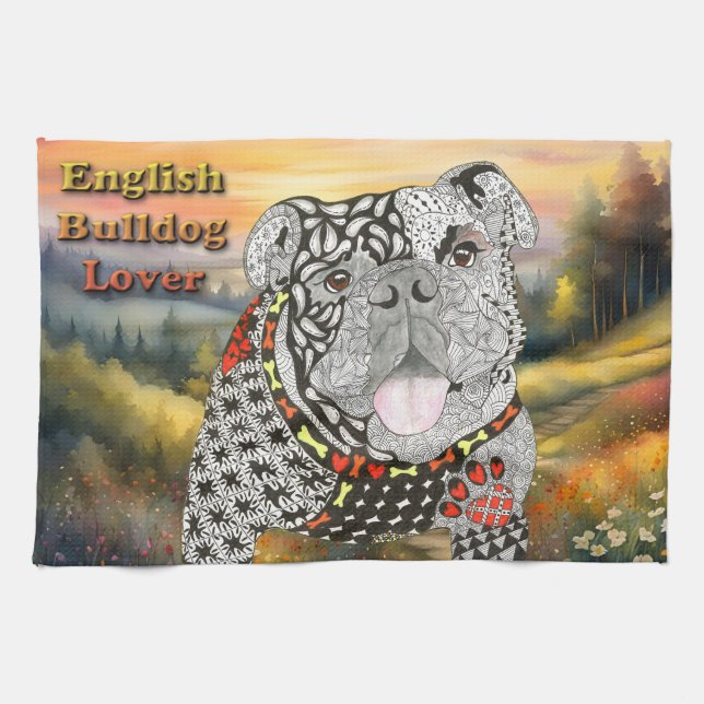 Cute et coloré anglais Bulldog serviette de cuisin (Horizontal)