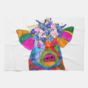 Cute et coloré Floral Pig Serviette de cuisine