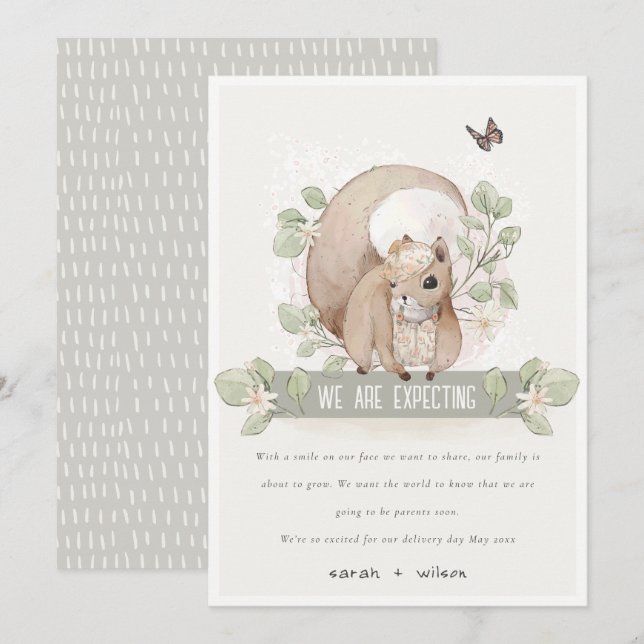 Cute Faire-part d'écureuil Floral en bois (Devant / Derrière)