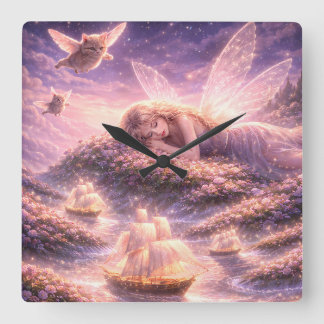 Cute Fairy Cat Dream Fantasy Aesthetic Art Quadratische Wanduhr
